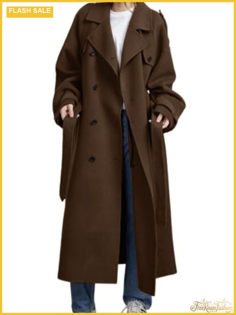 Women's Double Breasted Wool Blend Coat Notch Lapel Long Sleeve Belted